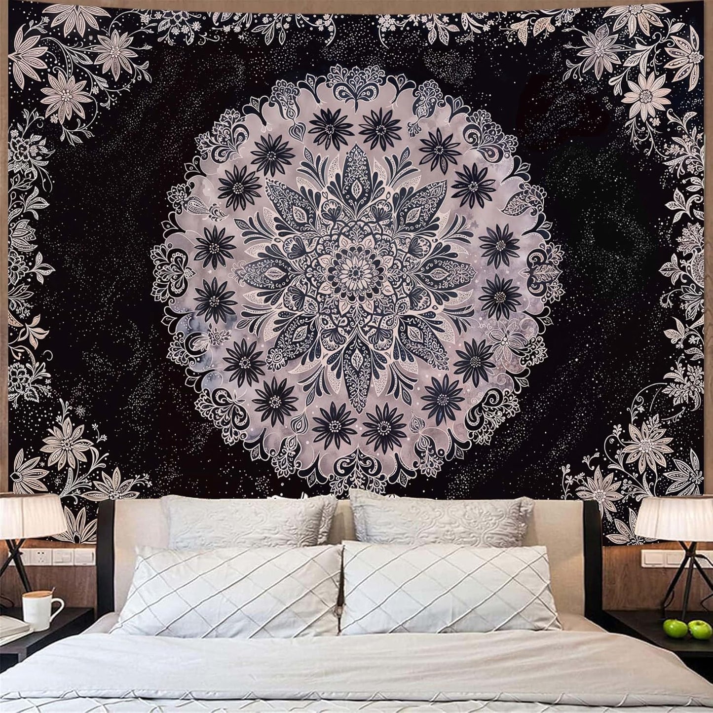 Fowocu Boho Floral Mandala Tapestry Wall Hanging Grey Bohemian Flower Medallion Tapestry Aesthetic Gray Black Hippie Indian Small Tapestries for Bedroom Living Room Dorm Decor 80 x 60 Inch