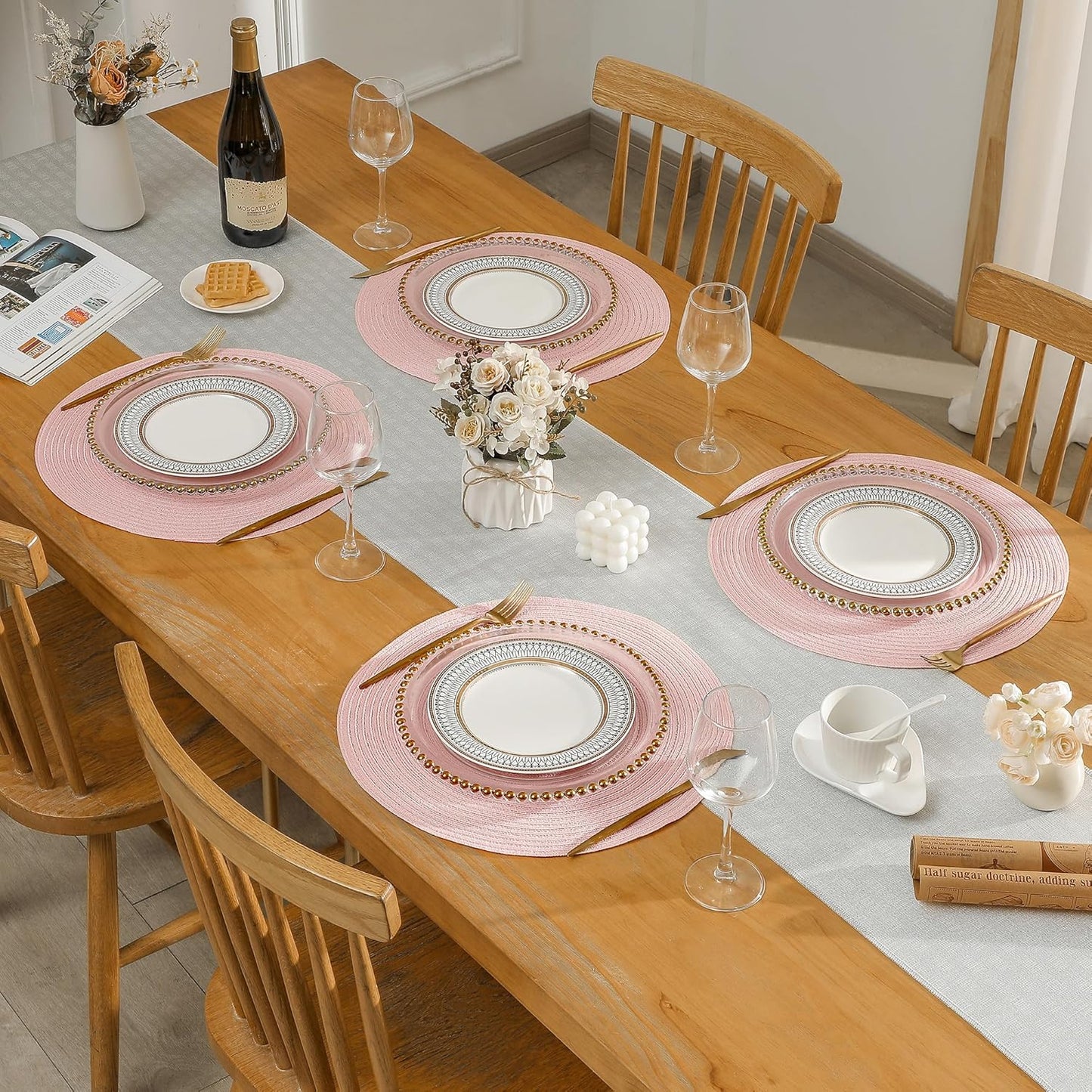 Leetaltree Round Placemats Heat and Slip Resistant Cotton Table Mats, Washable Bohemian Placemats for Dining Tables (Pink, Set of 8)