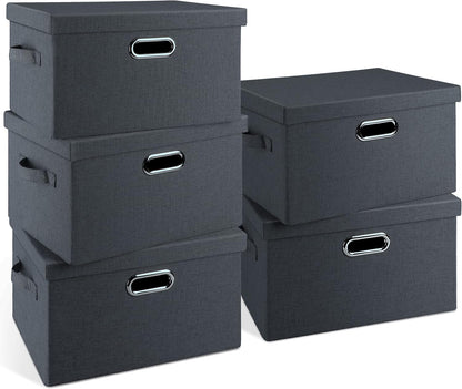 Medium 15" 21 Quart Collapsible Stackable Storage Bins with Lids, 5 Packs Dark Gray Foldable Fabric Closet Storage Boxes with Lids, Lidded Heavy-duty Linen Baskets(15x11x8)