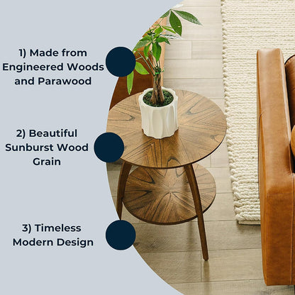 Martin Svensson Home Round Wood Nutmeg Brown Living Room End Side Accent Table Nightstand with Storage Shelf