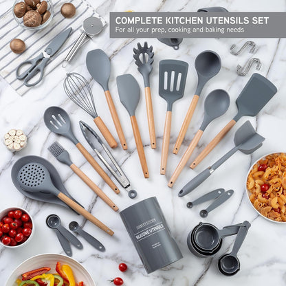 Country Kitchen Non Stick Silicone Utensil Set with Rounded Wood Handles for Cooking and Baking, 38 Piece Set, Gray