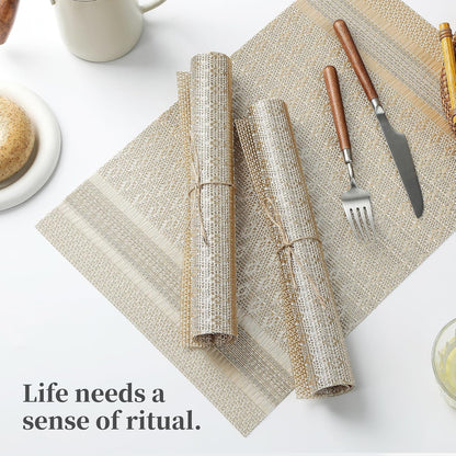 Leetaltree Stardust Yellow Placemats Set of 8 - Heat Resistant Non-Slip Place mats for Dining Table, Washable Durable PVC Vinyl Woven Table Mats（Stardust Yellow, 8）