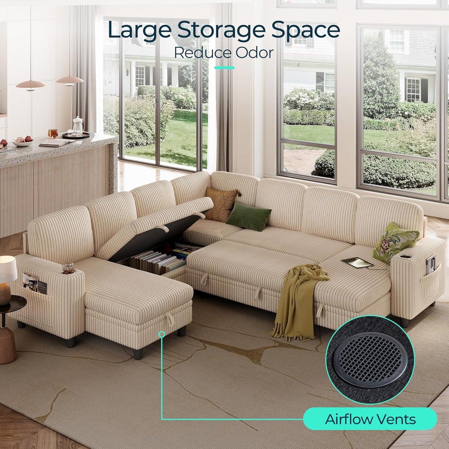 LINSY HOME Sectional Sleeper Sofa with Pull Out Couch Bed - Convertible Plush Corduroy Cloud Couches with Storage Chaise & USB Charging, Comfy Modular Couch for Living Room, Beige