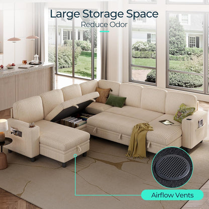 LINSY HOME Sectional Sleeper Sofa with Pull Out Couch Bed - Convertible Plush Corduroy Cloud Couches with Storage Chaise & USB Charging, Comfy Modular Couch for Living Room, Beige