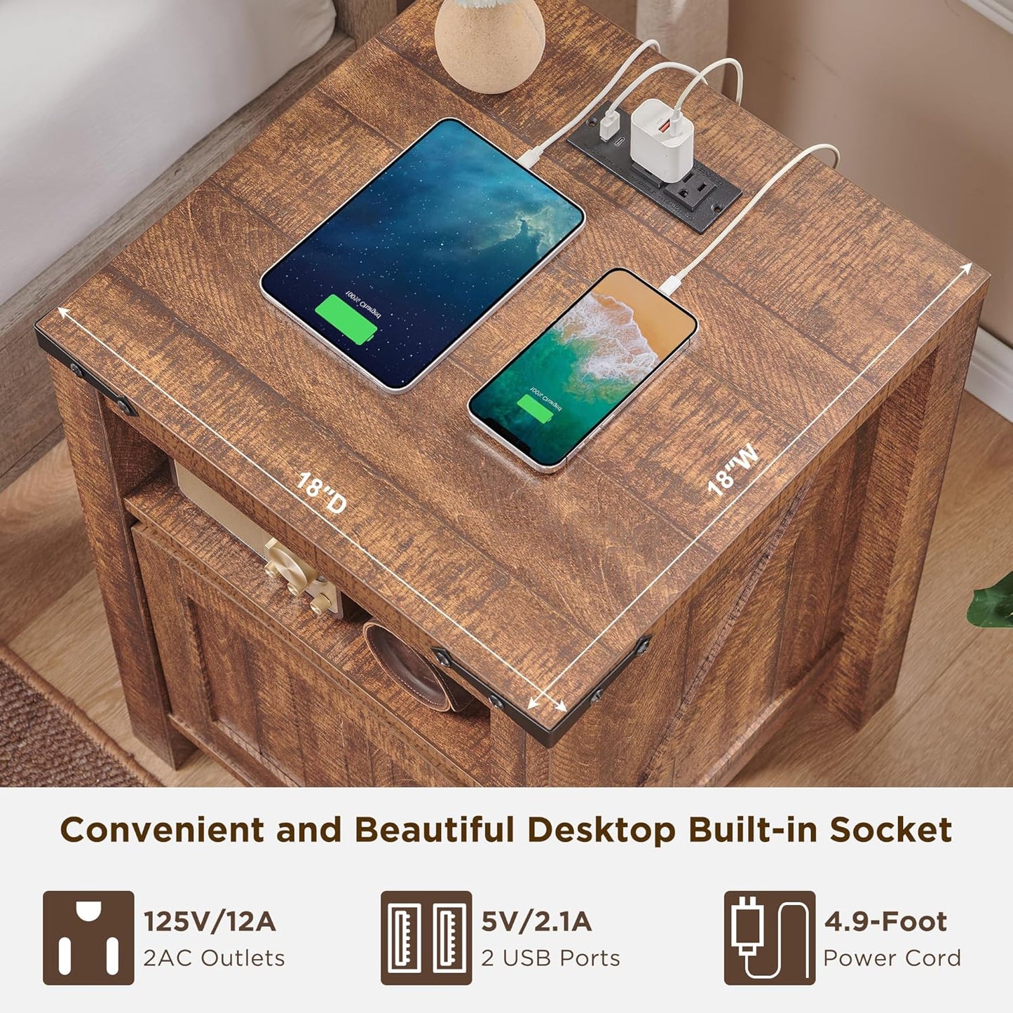 OKD Nightstand with Charging Station Set of 2, 18 Inchs Farmhouse End Table with Adjustable Storage Shelf, Rustic Wood Sofa Side Table for Living Room, Bedroom