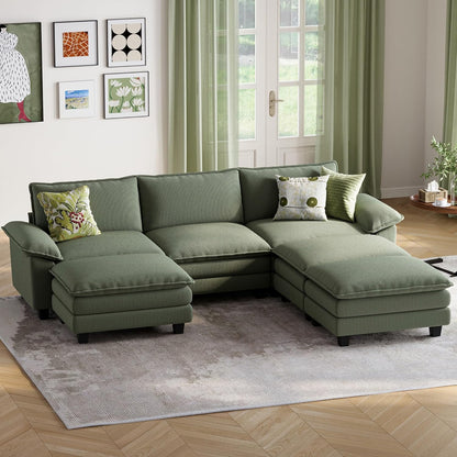 LINSY HOME Sectional Sleeper Sofa - 123'' Modular Cloud Couch Oversized Corduroy Sofa Bed with Movable Ottoman Soft Modern Comfy Couch for Living Room Apartment Office, Green