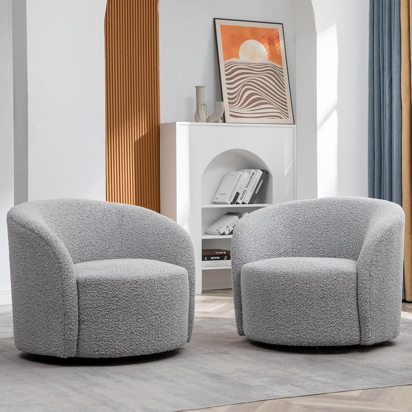 KINWELL 34" W Swivel Barrel Chair Set of 2, Mid Century Modern Round Upholstered Boucle Swivel Accent Chairs, No Assembly Sofa Chair for Living Room Bedroom Reading, Black White