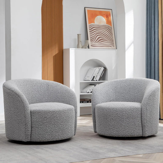 KINWELL 34" W Swivel Barrel Chair Set of 2, Mid Century Modern Round Upholstered Boucle Swivel