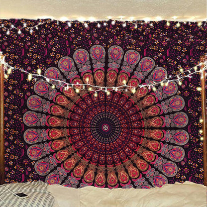 Bless International Handmade Indian hippie Bohemian Psychedelic Peacock Mandala Wall hanging College Dorm Beach Throws Table Cloth Bedding Tapestry (Golden Pink Blue, Medium(54x60Inches)(137x152cms))