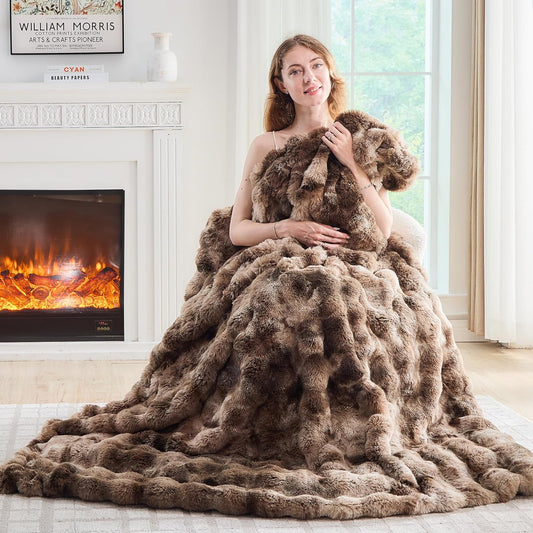 Lotus Karen Faux Fur Throw Blanket Tie-Dye Dark Coffee - Big Bubble Rabbit Fluff Blanket for Couch, Large Fluffy Fuzzy Cozy Blanket,Thick Furry Plush Shaggy Blankets,108x90 Inches