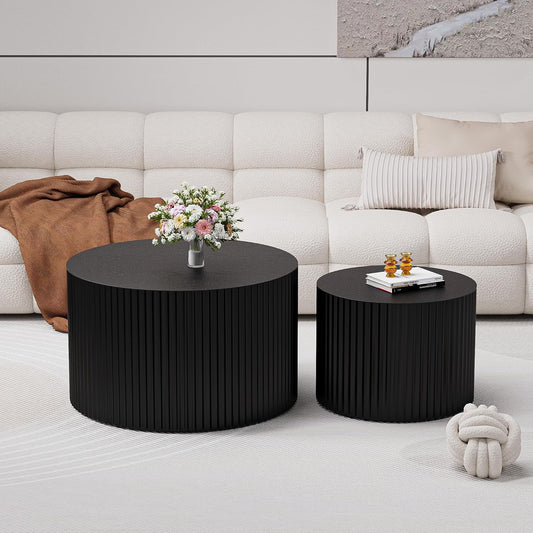 Round Coffee Table Set of 2, Nesting Coffee Table and End Table Set Small Circle Drum Side Table
