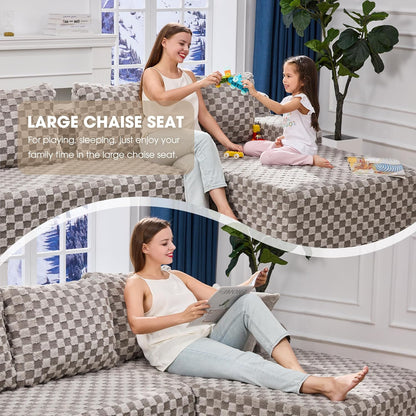 Hobestluk 96“ Modular Sectional Sofa Couches L-Shape Couch 3 Seat Modular Sofa Memory Foam Sectional Couches for Living Room, Cloud Couch with Oversized Chaise (Grey, Checked (Right Facing Chaise))