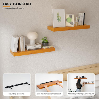 Honey Oak Floating Wall Shelves 16 Inches Long x 8”x 1.4” Shelf Floating Rustic Farmhouse Decor, Heavy Duty Shelf Hold 35 lbs, Wall Shelves for Bathroom Living Room Kitchen Bedroom Office