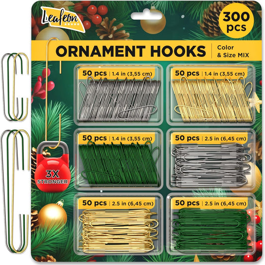 Leafeon 300 Pack Christmas Ornament Hooks - Gold Green Silver Ornament Hanger for Christmas
