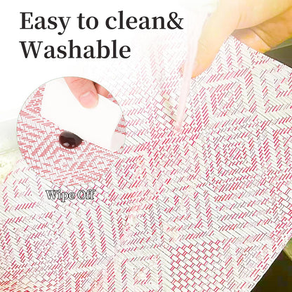 Vinyl Plastic Placemats Set of 6 Washable Heat Resistant Non-Slip Elegant Indoor Outdoor Kitchen Dining PVC Woven Table Place Mats (Red Pink Squares)