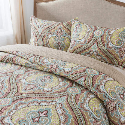 NEWLAKE Cotton Bedspread Quilt Sets-Reversible Patchwork Coverlet Set, European Paisley Blossom Pattern, King Size