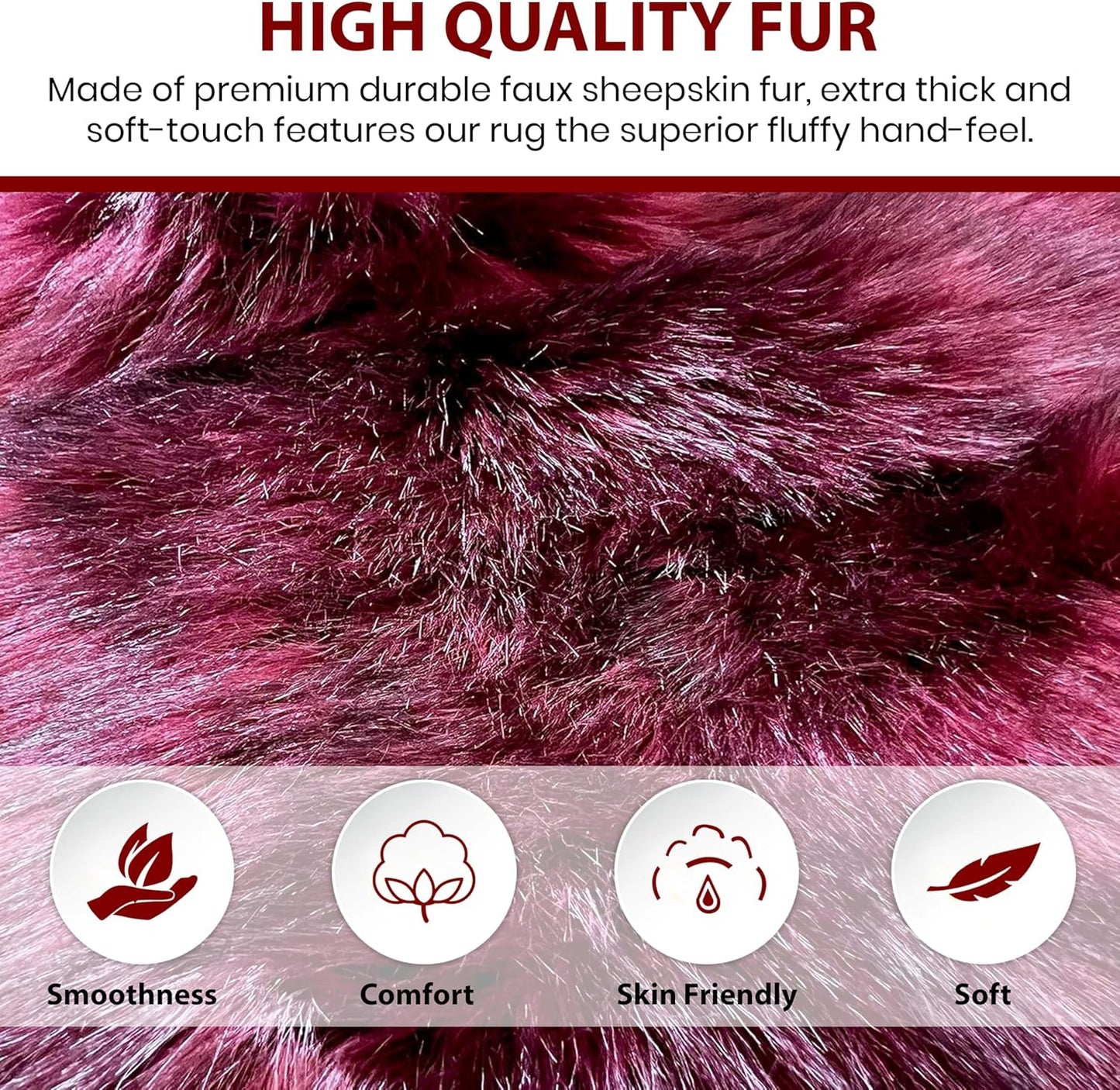 LAMBZY Faux Sheepskin Super Soft Hypoallergenic Free Shape Silky Shag Rug, Luxury Shaggy Plush Carpet for Bedrooms Living Kids Room Sofa Rugs (Burgundy, Octo 8 Pelts 6'x8')