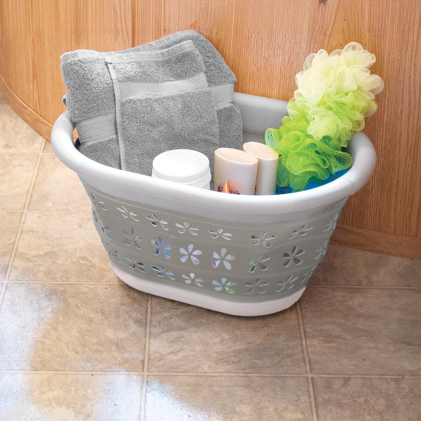 Camco Collapsible Laundry Basket, Small, Taupe/White - Pop Open Waterproof Plastic Bin with Handles
