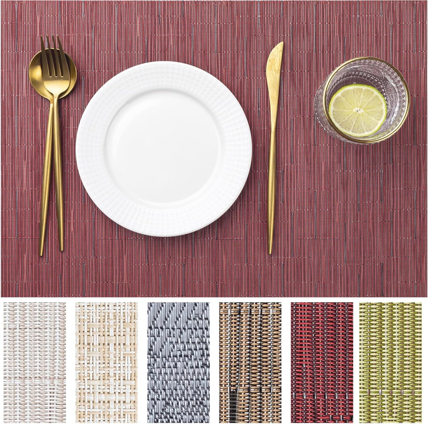 LEXMORE Placemats Set of 6 Vinyl/Plastic Woven Place Mats for Kitchen Table Indoor/Outdoor Washable Placemat Wipeable Dining Table Mats(Burgundy)