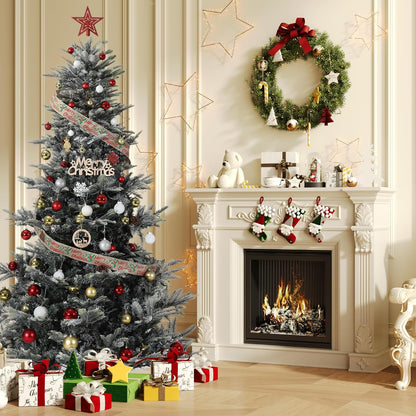 GarveeHome 7.5 FT Lighted Aspen Fir Christmas Tree,Flocked Green Artificial Christmas Tree with Warm White & Twinkle Lights for Indoor,Outdoor, Holiday Décor, Metal Hinges, Foldable Base