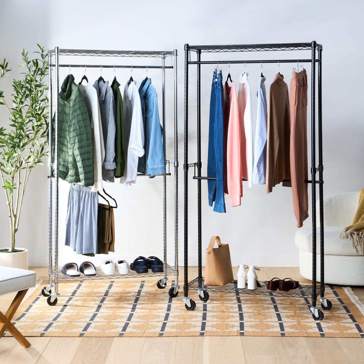 Amazon Basics Adjustable Clothes Rack for Handing, Double Hanging Rod Garment Rolling Closet