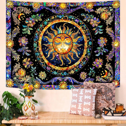 Lunerfex Sun Tapestry Stained Glass Tapestry Wall Decor Tapestries for Bedroom Boho Tapestries Wall Hanging for Bedroom Living Room Glass-Sun-01 70"x90"