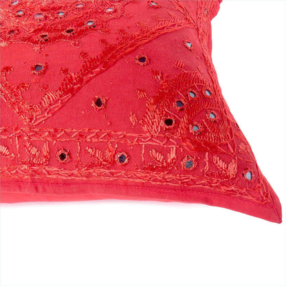 Eyes of India Embroidered Decorative Boho Throw Pillow Cover with Mirrors, Handmade Bohemian Accent Cushion Case for Sofa Couch Bedroom Living Room (Red, 24" x 24")