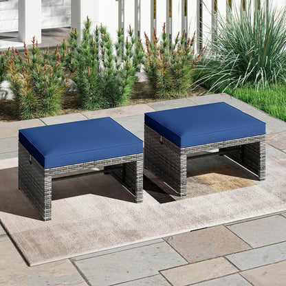 Tangkula 2 Pieces Patio PE Rattan Ottomans, Multipurpose Outdoor Footstool Footrest Additional Seating Side Table with Soft Zippered Cushions for Deck, Garden, and Yard (Navy Blue)