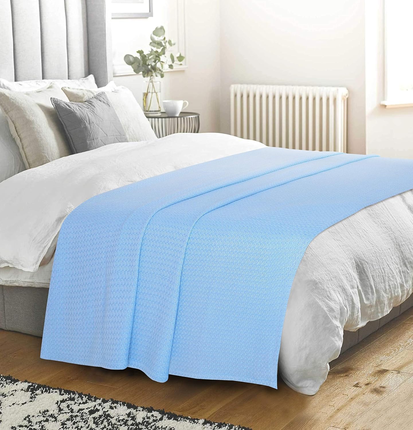 Elvana Home 100% Cotton Bed Blanket, Breathable Bed Blanket King Size, Cotton Thermal Blankets King, Perfect for Layering Any Bed for All Season, Light Blue