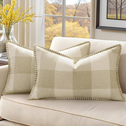 decorUhome Buffalo Plaid Check Fall Throw Pillow Covers 12x20 Set of 2, Outdoor Lumbar Decorative Farmhouse Pillow Covers with Stitched Edge for Bed Couch Sofa, Cream White and Beige