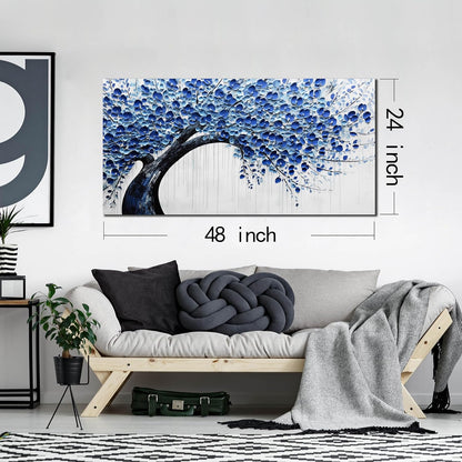 Large Wall Art for Living Room Bedroom Home Office Blue Tree of Life Wall Art Floral Picture Framed Wall Decor Modern Canvas Prints 24x48 In