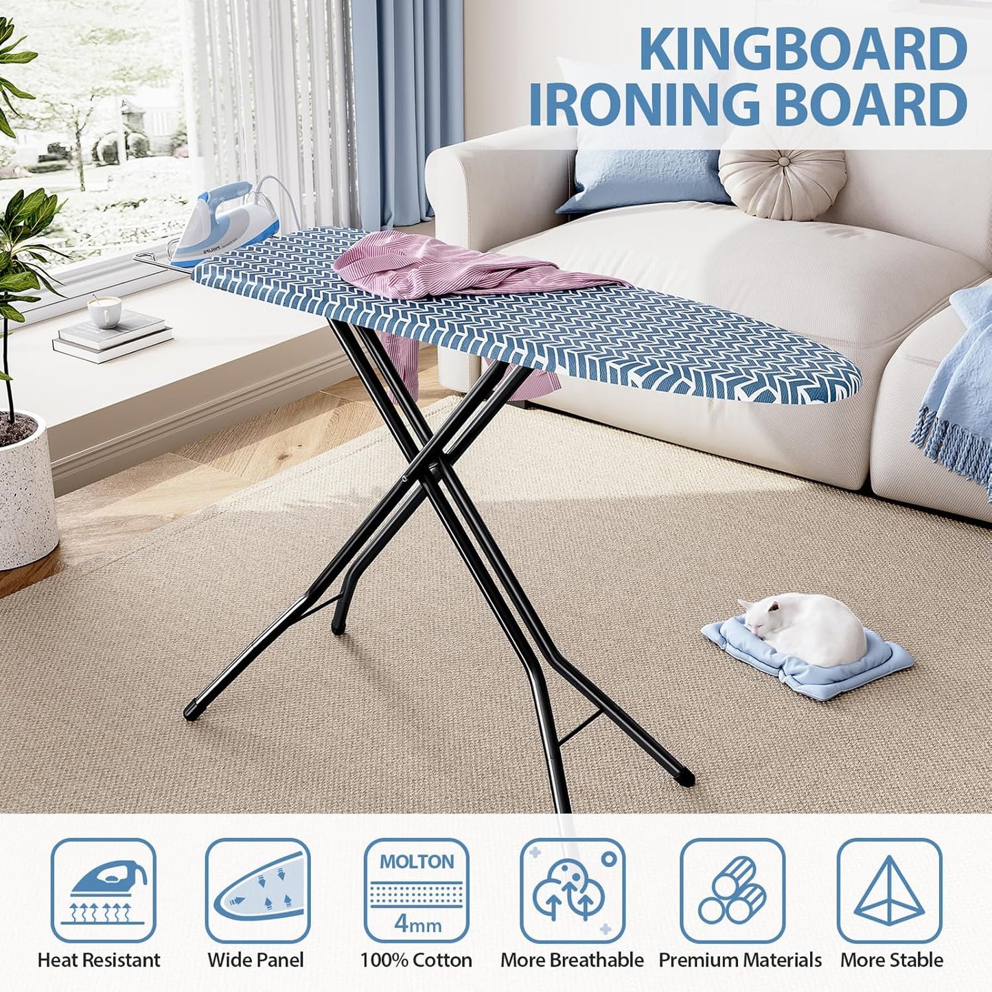 KINGBOARD Ironing Board, Foldable Iron Board with Iron Rest, Compact Ironing Board with Height Adjustable, Extra Thick Heat-Resistant Cover, Heavy-Duty Sturdy Metal Legs, 43x13 Blue