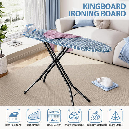 KINGBOARD Ironing Board, Foldable Iron Board with Iron Rest, Compact Ironing Board with Height Adjustable, Extra Thick Heat-Resistant Cover, Heavy-Duty Sturdy Metal Legs, 43x13 Blue