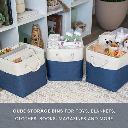 OrganiHaus 12x12 Cube Storage Bins 4 Pack, Foldable Cube Storage Organizer w/ Rope Handles, Collapsible Fabric Bins for Toys, Clothes & Closet Organization, Fabric Square Baskets - Navy Blue