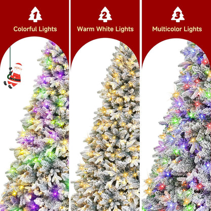 6.5ft Pre-lit Artificial Christmas Tree with Remote, Snow Flocked Xmas Trees Rotating & Foldable Stand, RGB & Warm White Light for Home Decor