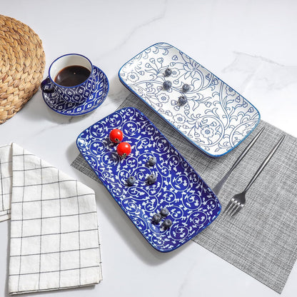 Selamica Ceramic Serving Platters, 14 Inch Serving Trays for Party Entertaining, Large Rectangular Serving Plates for Appetizer, Charcuterie, Dessert, Fruit, Set of 4, Vintage Blue