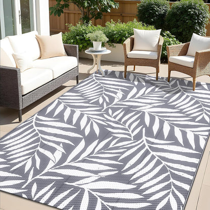 OLANLY Waterproof Outdoor Rug 5x8 ft, Reversible Outdoor Plastic Straw Rug with Leaf Pattern, RV Mat, Indoor Outdoor Carpet for Patio, Camping, Balcony, Deck, Backyard, Grey & White