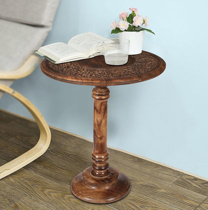 Lightnpro Hand Carved Solid Mango Wood Round Pillar Accent Table - 18" × 22" Rustic Farmhouse Side End Table | VintageRustic Boho Nightstand for Living Room, Bedroom & Entryway
