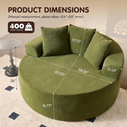 ovios 58" Oversized Round Chair Lounge Chaise Indoor, No Assembly Required, Cloud Large Circle Chair with Plush Fuax Fur, Fluffy Modern Sleeper Sofa Bed for Reading Yoga, Green (Cloud Velvet)