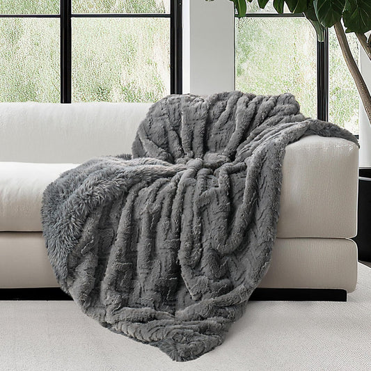 Mon Chateau Grey 3D Jacquard Faux Fur Throw, Plush Luxury Blanket for Couch, Sofa, or Bed, Soft Reversible Throw Blanket for Sleeping, Home & Room Décor, 60" x 70"