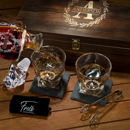 Personalized Whiskey Decanter and Stones Set - Customized Gift for Him - Men, Dad, Father - Engraved Twisted Decanter,2 Twisted Glasses, 2 XL Chilling Balls, Coasters, Tongs in Wooden Gift Box