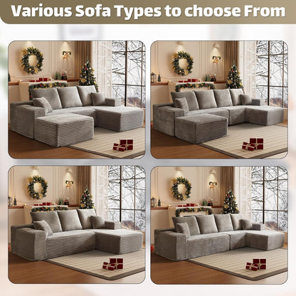 HYJT H&K Modular Sectional Sofa Cloud Couch, 107" Comfy L Shaped Sectional Couches for Living Room, Deep Seat Memory Foam Plush Fluffy Corduroy Boneless Couch Sectionals Right Facing Sofa Chaise Brown