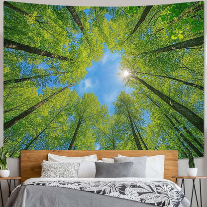 AMM Nature Forest Tree Celling Tapestry Lush Green Treetops Sunlit Tapestry for Bedroom Aesthetic Sky Sunlight Canopy Leaves Landscape Tapestries Wall Hanging for Living Room Dorm Office 90 x 68 Inch