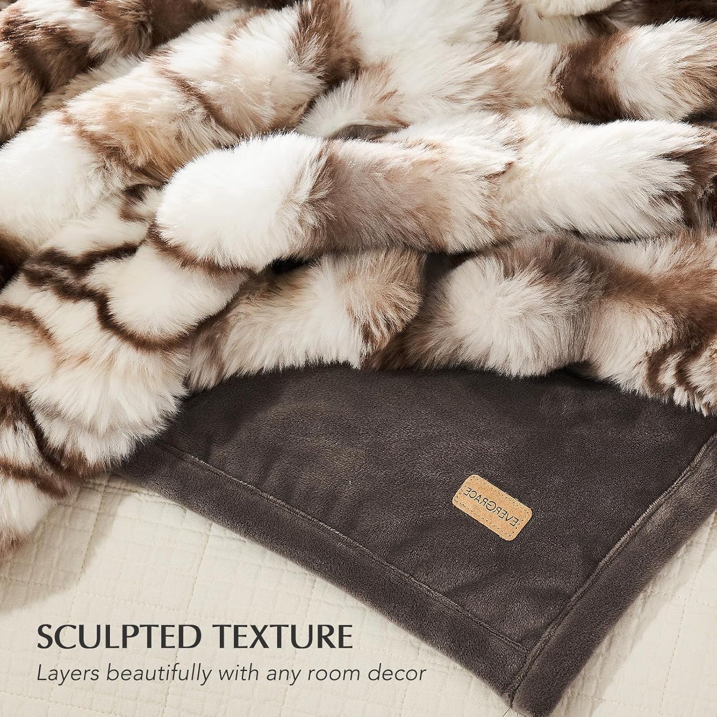 EVERGRACE Ultra Soft Luxury Fluffy Ridgeline Faux Rabbit Fur Throw Blanket, Thick Warm Bubble Throw for Bed, Cozy Plush Reversible Blankets for Couch, Chair, Sofa, Beige & Gray, 60x80 Inches, 870 GSM