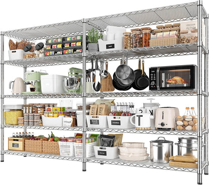REIBII 69.8" W Storage Shelves 1510LBS Wire Shelving Unit 5 Tier Metal Shelving for Storage Rack Shelves Adjustable Heavy Duty Garage Shelf Pantry Shelves Kitchen Shelving,69.8"Wx15.8"Dx72.4"H,Chrome