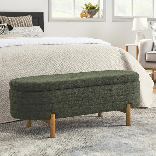 Furniliving 46” Storage Benches, End of Bed Bench with Button-Tufted Large Upholstered Storage Ottoman Teddy Window Bench with Storage Shoe Cabinet Bench, for Bedroom, Entryway, Closet, Green