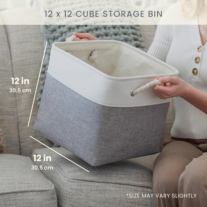 OrganiHaus 12x12 Cube Storage Bins 4 Pack, Foldable Cube Storage Organizer w/ Rope Handles, Collapsible Fabric Bins for Toys, Clothes & Closet Organization, Fabric Square Baskets - Gray/White