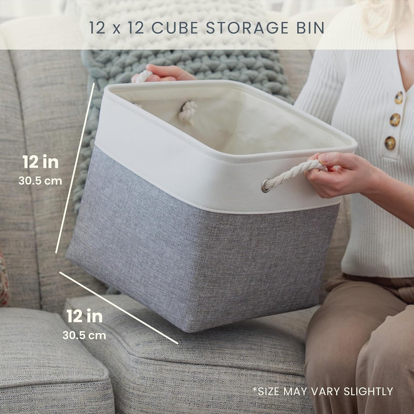 OrganiHaus 12x12 Cube Storage Bins 4 Pack, Foldable Cube Storage Organizer w/ Rope Handles, Collapsible Fabric Bins for Toys, Clothes & Closet Organization, Fabric Square Baskets - Off-White