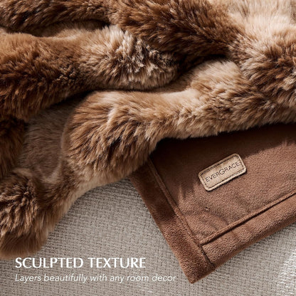 EVERGRACE Ultra Soft Luxury Fluffy Ridgeline Faux Rabbit Fur Throw Blanket, Thick Warm Bubble Throw for Bed, Cozy Plush Reversible Blankets for Couch, Chair, Sofa, Lion Caramel, 60x80 Inches, 870 GSM