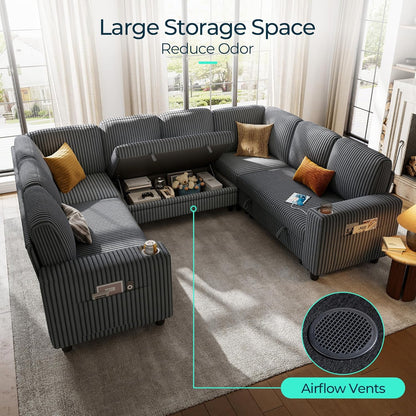 LINSY HOME Sectional Sleeper Sofa with Pull Out Couch Bed - Convertible Plush Corduroy Cloud Couch with Storage Chaise & USB Charging, Comfy Modular Couches for Living Room, Grey